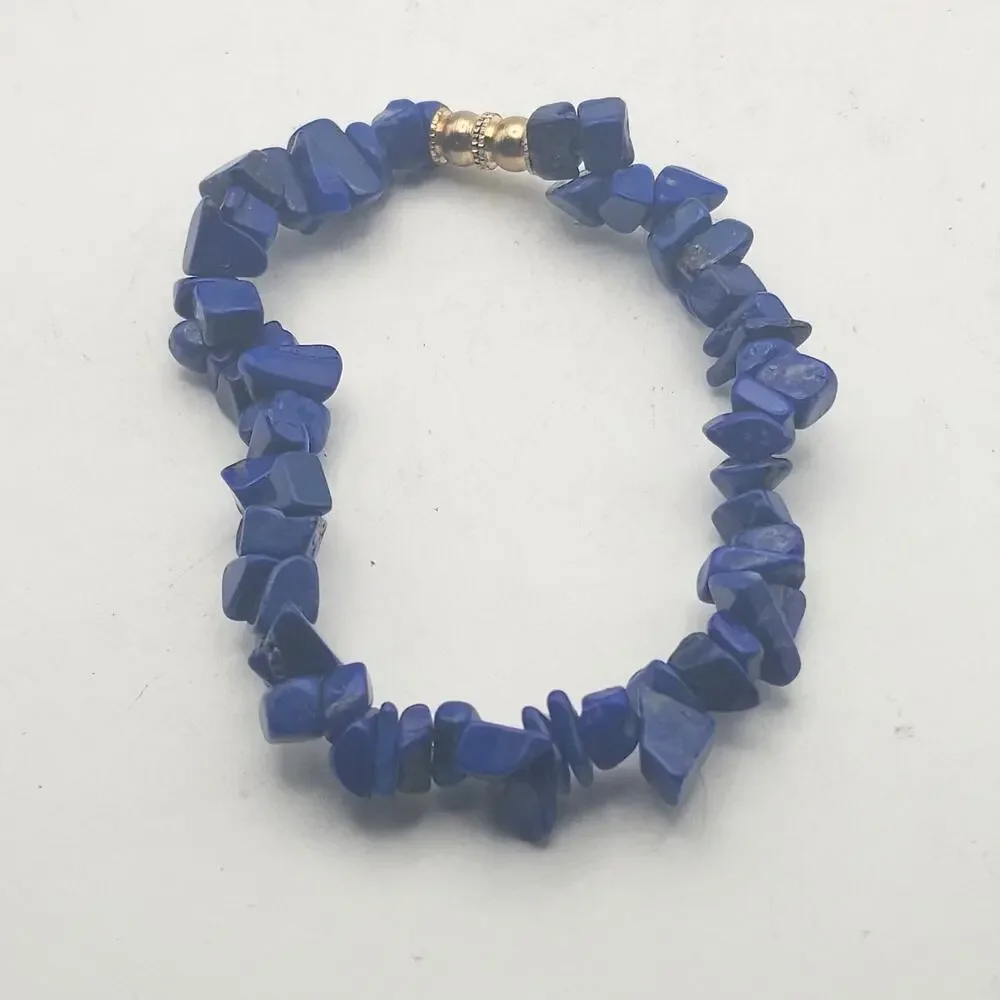 Blue Lapis Lazuli Stone Chip Bead Bracelet Gold Tone Screw Clasp Boho 6.5 In